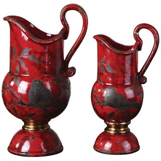 Set of 2 Uttermost Siana Bird Red Ceramic Vases   #X1734