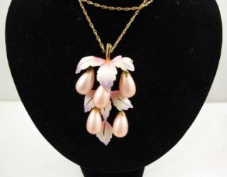 Vtg D21 Judy Lee Enamel Faux Pearl Flower Pendant Necklace Earrings