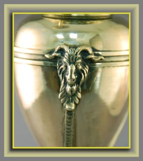 Antique Brass RAMs Head Feet Miniature Oil Lamp w Nailsea Verre Moire
