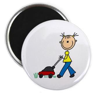 Stick Girl Mowing Lawn Square Car Magnet 3 x 3