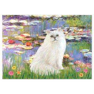Cat Art Gifts  Cat Art Flat Cards  Monets Lilies & White Persia 5x7