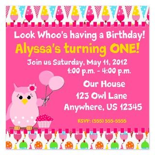 1St Flat Cards  Girls Birthday Owl Invitation 5.25 x 5.25 Flat Car