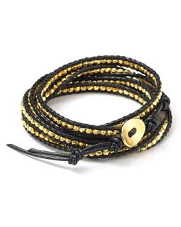Black Leather Wrap Bracelet with Gold Nuggets, 32