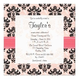 Pink and Black Damask Sweet Sixteen Invitations