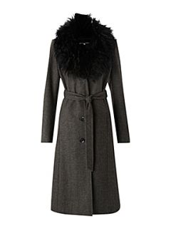 Linea Longline faux fur collar coat Brown   House of Fraser