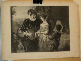 Antique Print A. Chaton The Balcony J.C. Edwards Man with Flute Woman