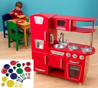 Red Retro Vintage Pretend Play Kids Kitchen 27 Piece Dish Set