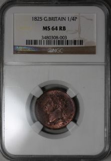 1825 NGC MS 64 RB Farthing King George IV Old US Money Great Britain