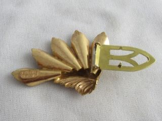 RETRO GOLD PLATED FLOWER & RHINESTONE DRESS CLIP  KINGSBURG WEBER NY