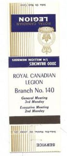 Canadian Legion Matchbook Cover Clinton Ontario Branch 140