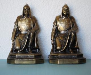 Antique Ruhl Bookends Knights Crusader Metal Art Sculpture RARE