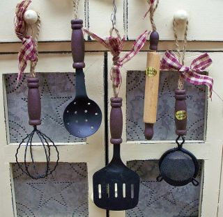 Set of Five Country Kitchen Utensil Ornaments 4 Long Jute Hangers