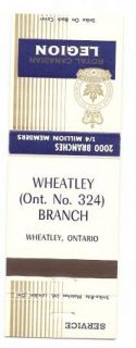 Canadian Legion Matchbook Cover Wheatley Ontario Branch 324