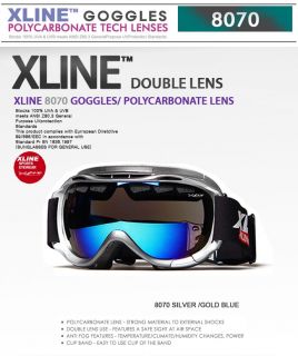 Xline 8070 Silver Gold Blue Ski Snowboard Goggles Polycarbonate Lens