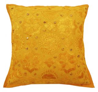 Embroidered Cushion Cover Cotton Yellow Pillow Case Handmade Throw 16