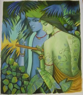Lord Krishna Radha Handmade Modern Oil Painting Hindu Religious God