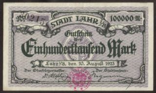 Germany 100000 Mark Lahr Baden 1923 Stadt Notgeld 69