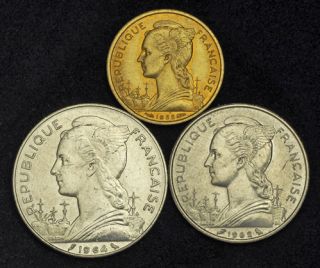 1955 1964 1962 Reunion 10 50 100 Francs Coin 3pcs