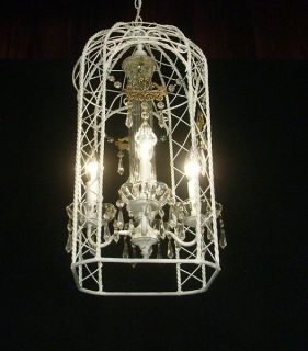 Wrought Iron White Bird Cage Chandelier Light Fixture w Crystals