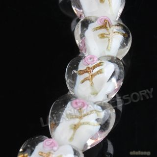 1string Pink Flower Heart Shape Lampwork Glass Loose Beads 15x15x9mm