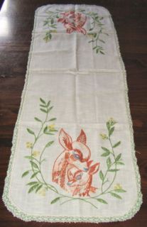 Vintage Precious Doe Fawn Hand Embroidered Crochet Table Runner