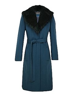 Alexon Long green belted faux fur collared coat Green   