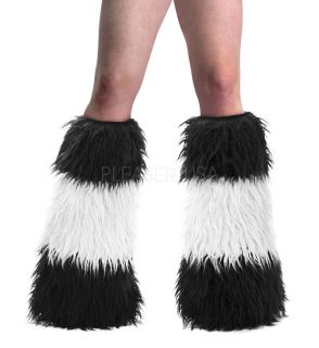 White Stripe Monster Fur Furry Leg Warmers Boot Covers Adult