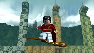 Harry flying high on a Quidditch broom in LEGO Harry Potter Years 1 4