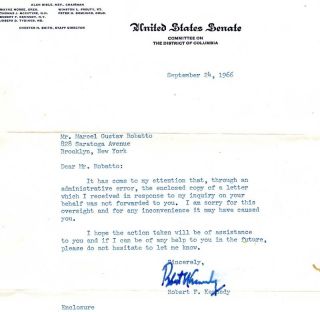 Signed Senator Robert F Kennedy Letter 9 24 66