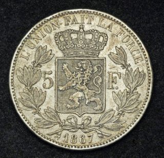 1867, Belgium, Leopold II. Large Silver 5 Francs Coin. Dot after 5 F