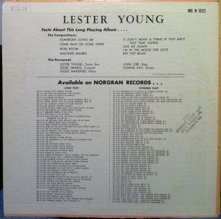 LESTER YOUNG s/t LP VG+ MG N 1022 1st Press DG 1955 David Stone Martin