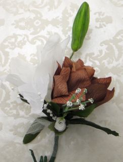 Brown White Lily Roses Corsage Artificial Silk Wedding Flowers Mother