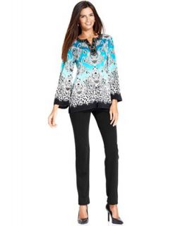 JM Collection Printed Beaded Top & Skinny Knit Pants