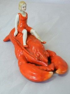 Vintage Porcelain Girl on Lobster Trinket Pot