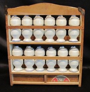 Vintage Lobeco BLUE ONION 12 Pc. Spice Jars with Matching Wood Holder