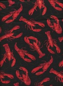 Bayshore Collection Lobsters on Blk Cotton Quilt Fabric