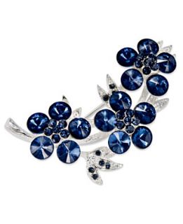 Charter Club Brooch, Silver Tone Blue Glass Stone Flower Pin