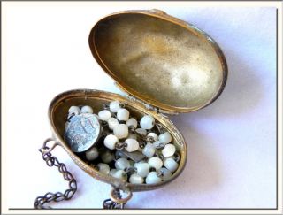 FRENCH EGG LOCKET BOX PURSE & LOURDES MOP MOTHER PEARL ROSARY INSIDE