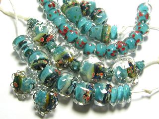 Handmade Lampwork Beads TROPICAL LUSH JUNGLE PUDDLE SET, AQUA, BORO