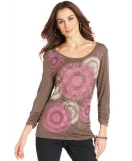 Style&co. Petite Top, Three Quarter Sleeve Printed Ruched Studded