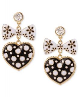 Betsey Johnson Earrings, Gold Tone Polka Dot Heart & Bow Drop Earrings