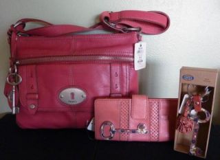 Fossil Maddox Pink Red Top Zip Leather Crossbody Handbag w Wallet