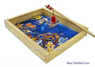 Magnetic Fishing Game Wooden Box Kids Childrens 11 Fish Rod