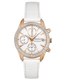 Seiko Watch, Womens Chronograph White Leather Strap 34mm SNDY16   All