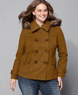 Dollhouse Plus Size Coat, Removable Faux Fur Hood Pea Coat