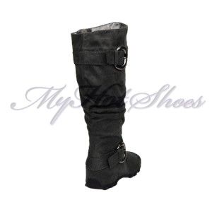 SODA WOMENS SHOES FLAT BOOTS KNEE HIGH BUCKLE BOOTS BLACK BROWN GREY