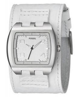 Fossil Watch, Mens White Leather Cuff Strap 49x38mm JR1003
