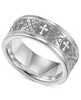 Triton Mens White Tungsten Ring, Laser Detailed Celtic Cross Wedding