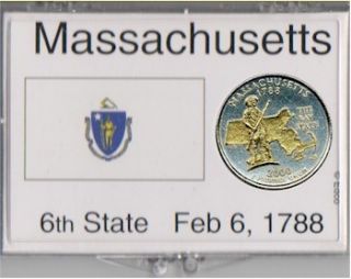 Gold on Silver Massachusetts Statehood Quarter with State Flag Display