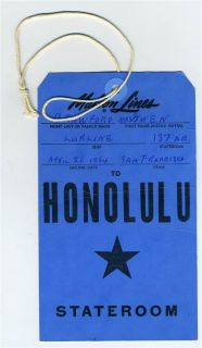 Matson Lines Lurline Honolulu Hawaii Stateroom Baggage Tag 1964